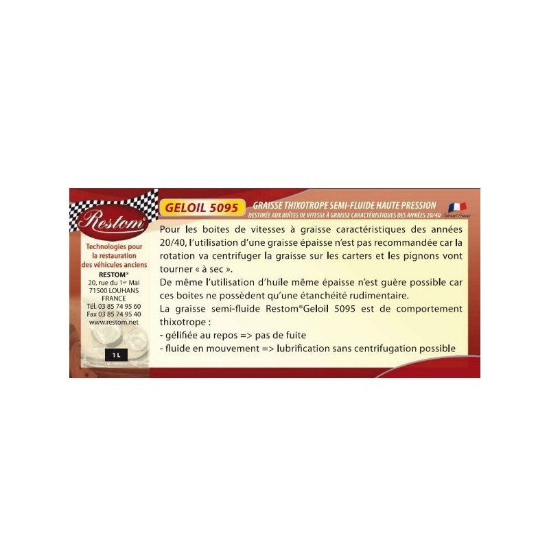 graisse thixotrope semi-fluide haute pression pour boite de vitesse à graisse RESTOM®Geloil 5095 (1 litre)