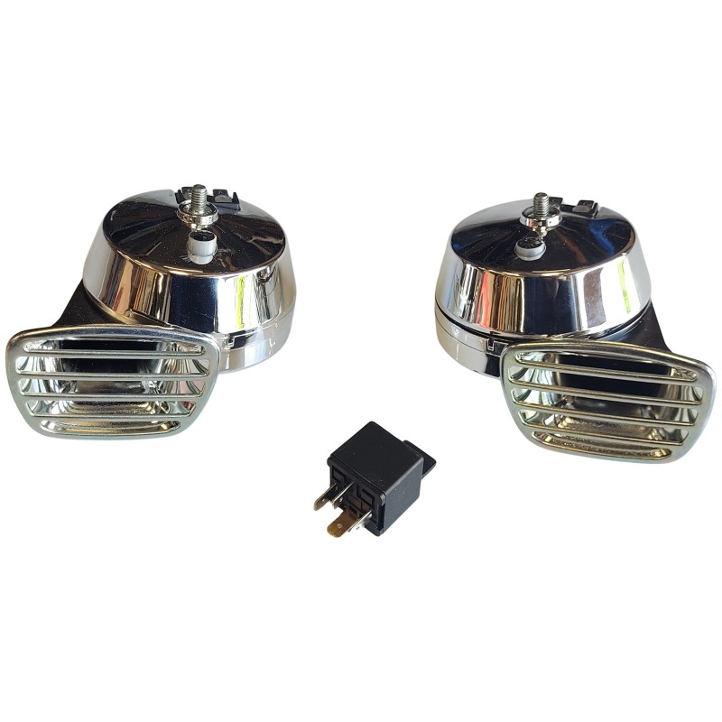 set de 2 klaxons 12 Volts chromés "STYLE MIXO" (ton grave et aigu)