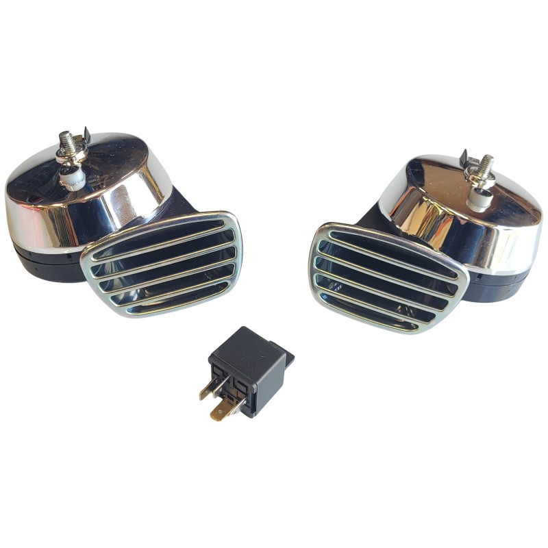 set de 2 klaxons 6 Volts chromés/noirs "STYLE MIXO" (ton grave et aigu)
